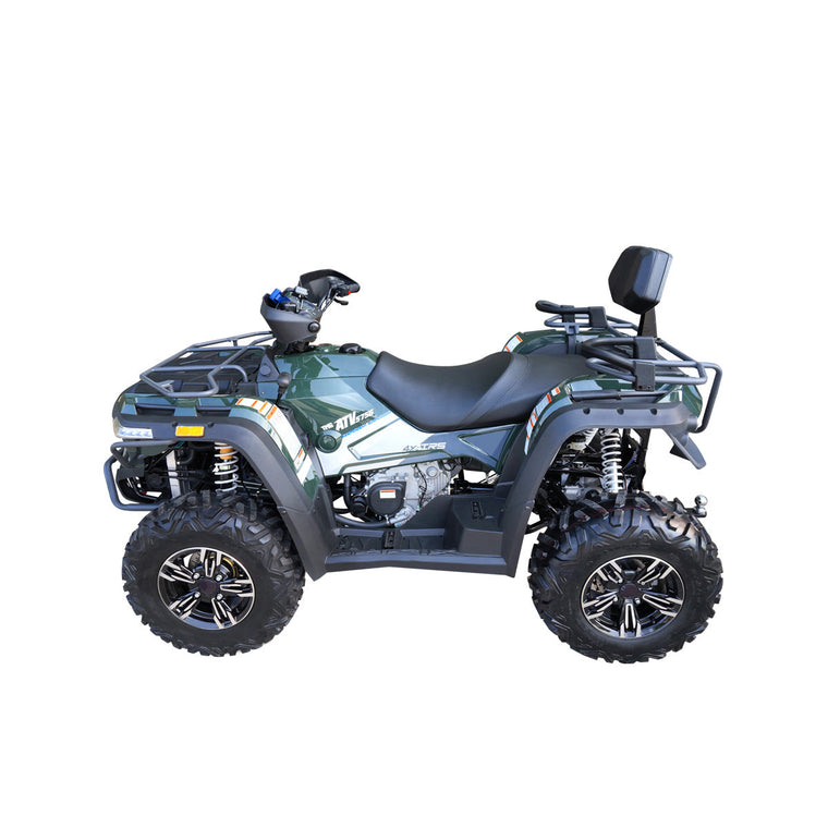 Side profile of green 2-up seating ATV with rear backrest.