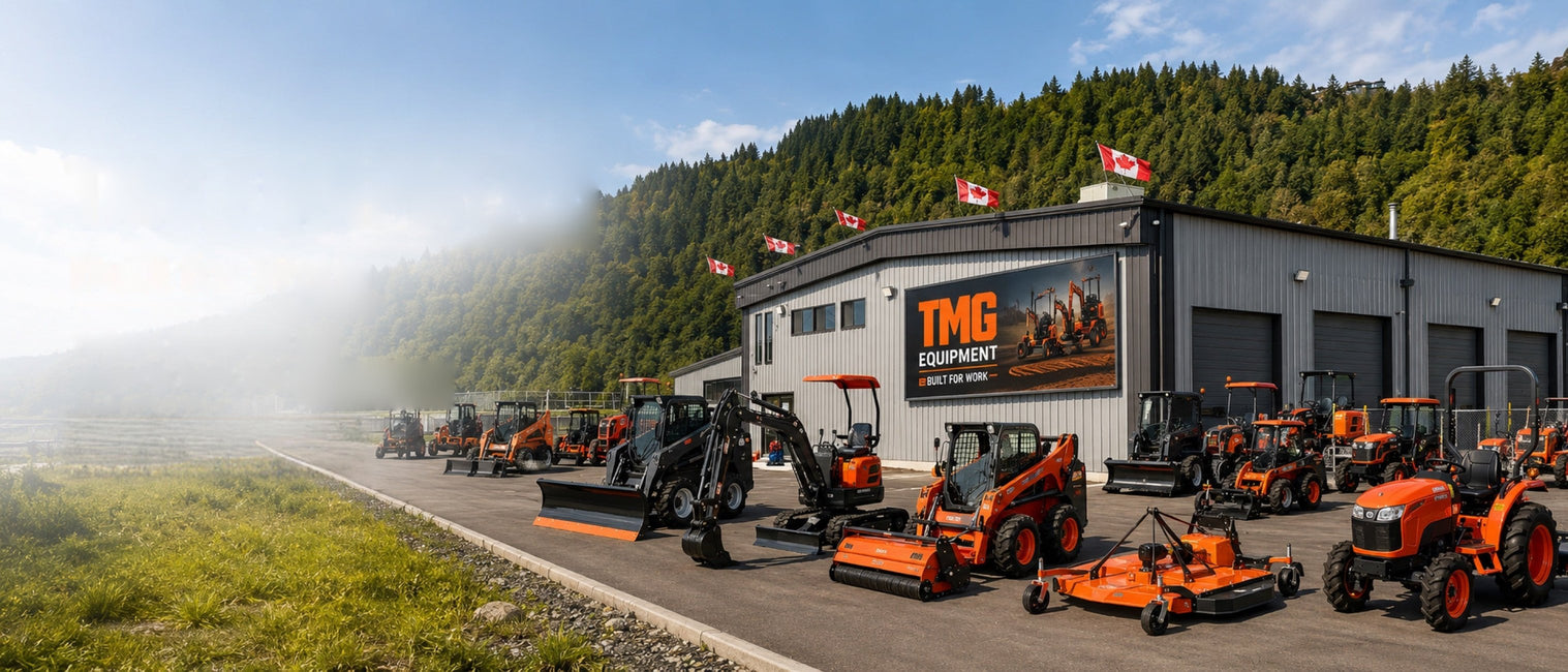 TMG Equipment yard with skid-steers, mini excavators, mowers and compact tractors lined up outside the store