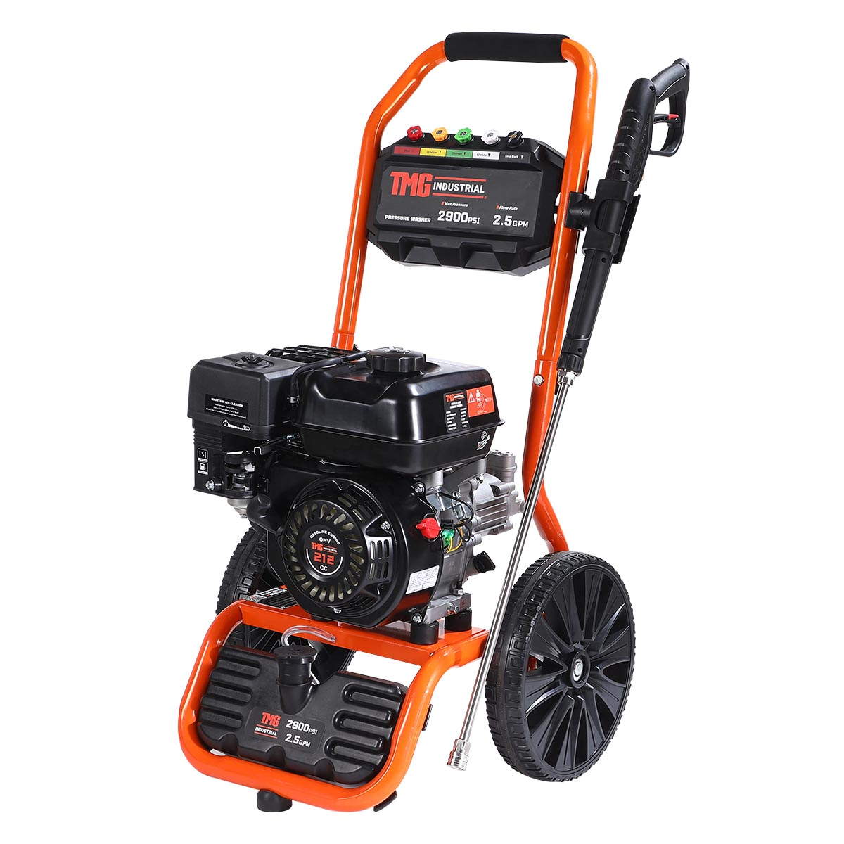 Orange-framed TMG pressure washer showing engine, wand, control panel, and wheels.