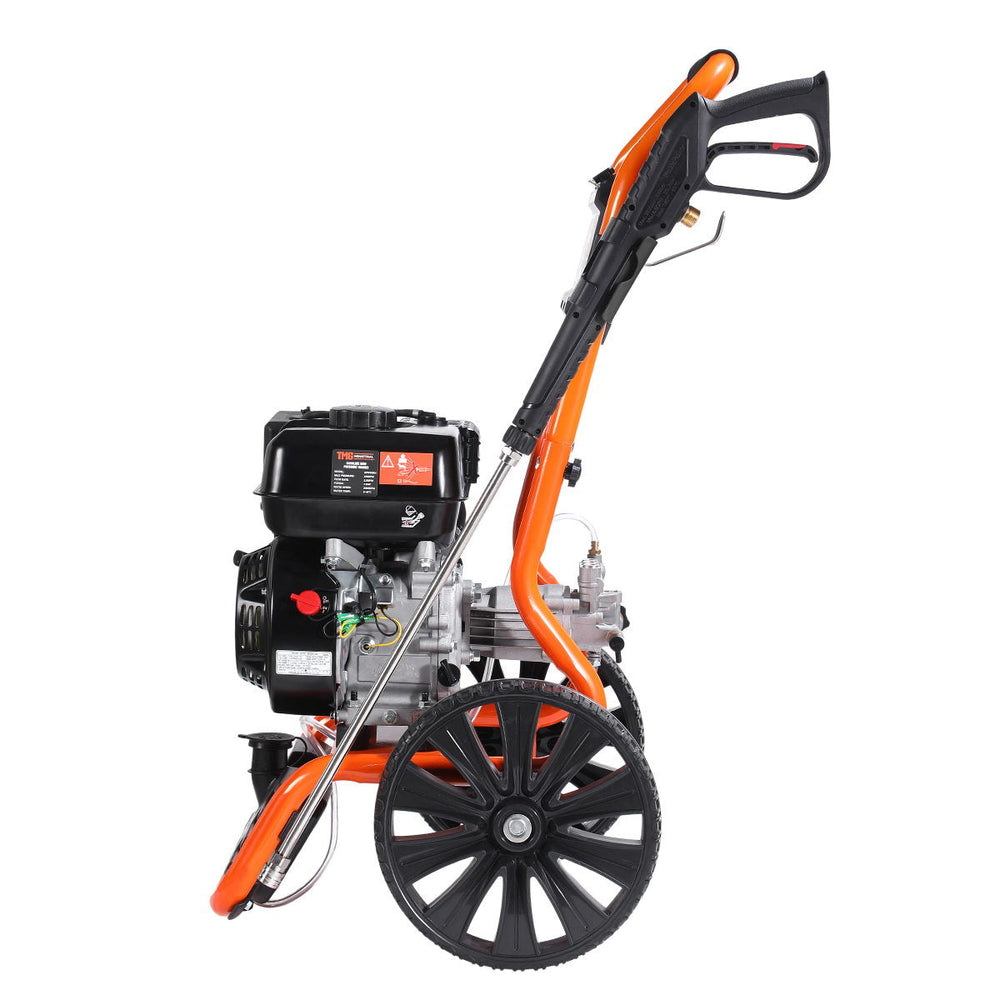 Side profile of TMG pressure washer with wand mounted and large wheel.