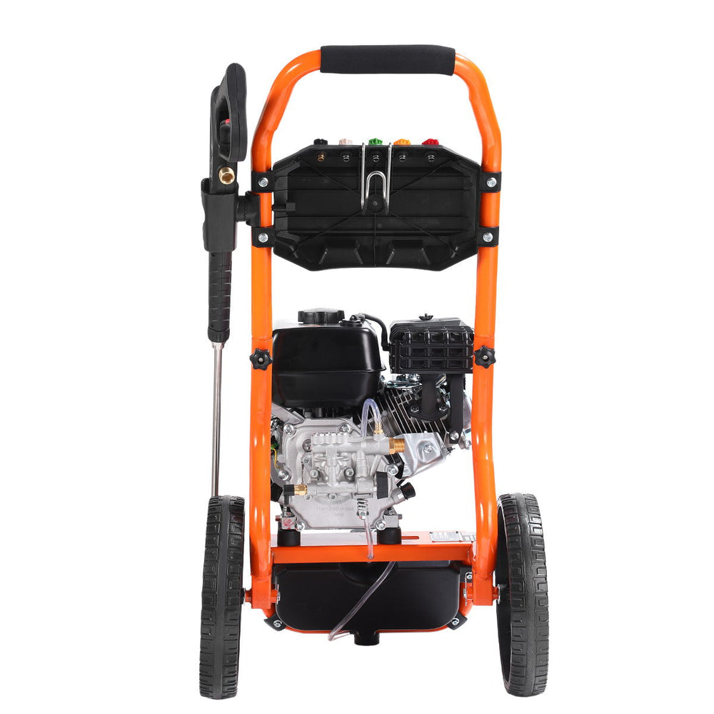 Rear view of pressure washer showing engine, frame, and wand holder.