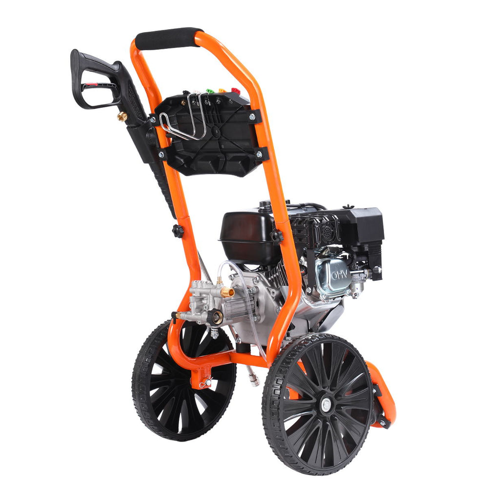 Angled rear view of pressure washer showing pump, wheels, and control panel.