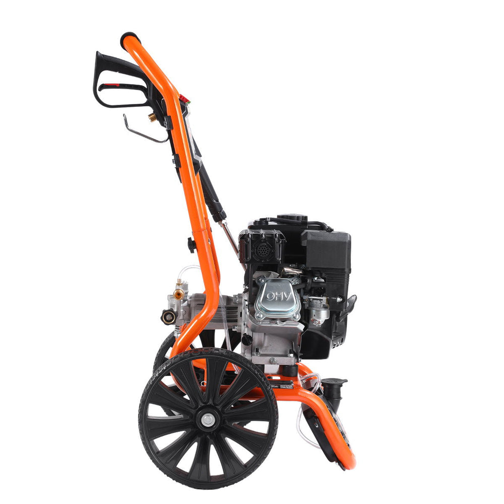 Right-side profile of pressure washer highlighting wheel, engine, and wand.