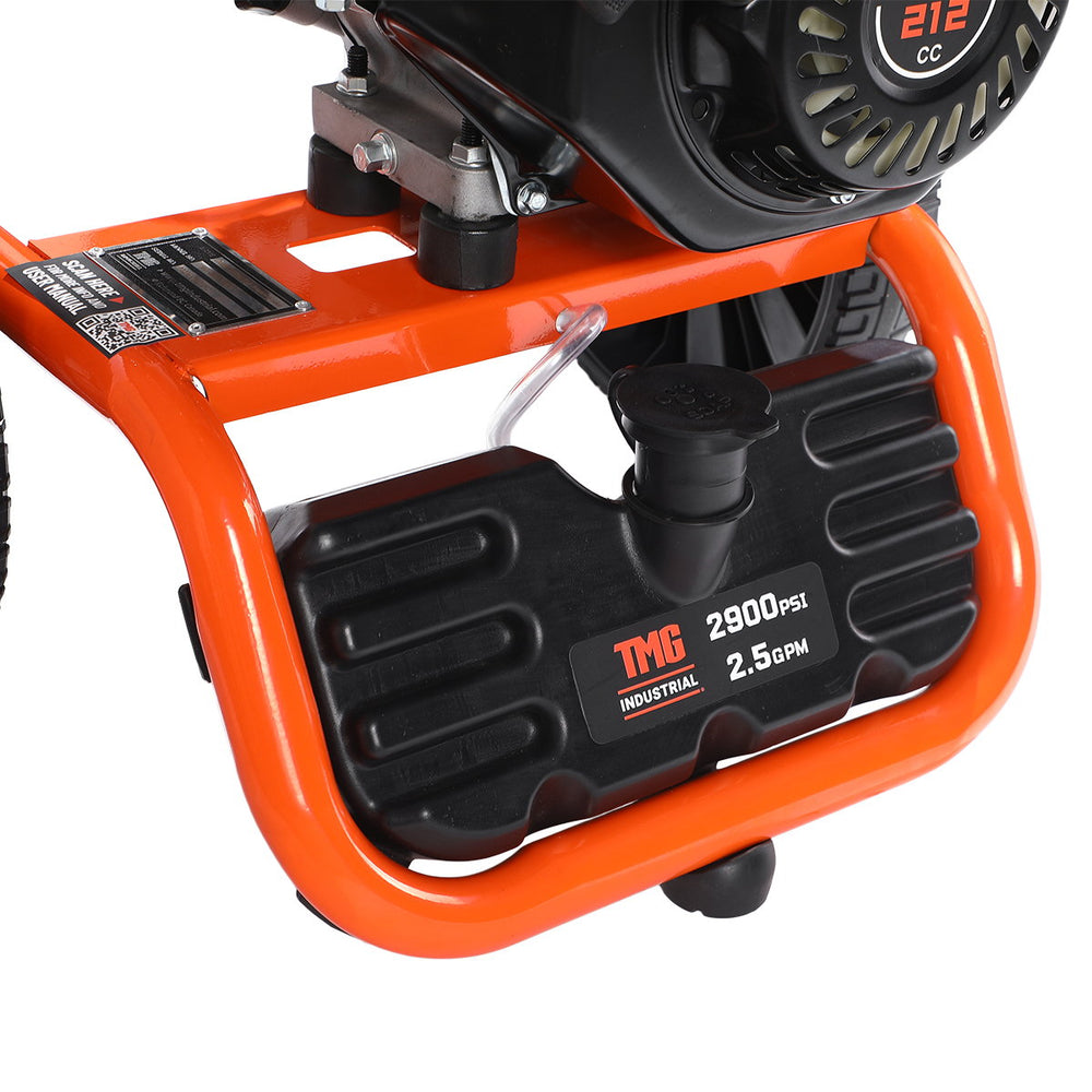 Front lower view of pressure washer showing pump mount and drain tank.