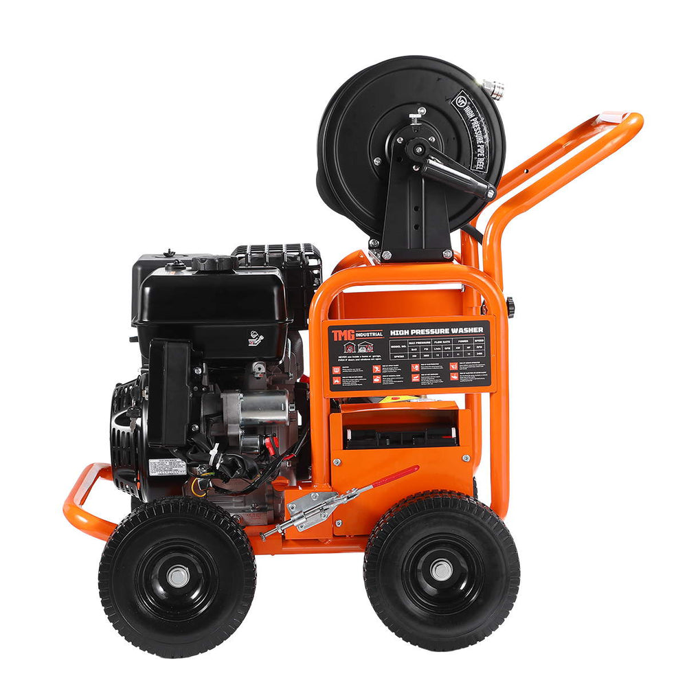 Side profile showing control panel, wheels and hose reel on pressure washer
