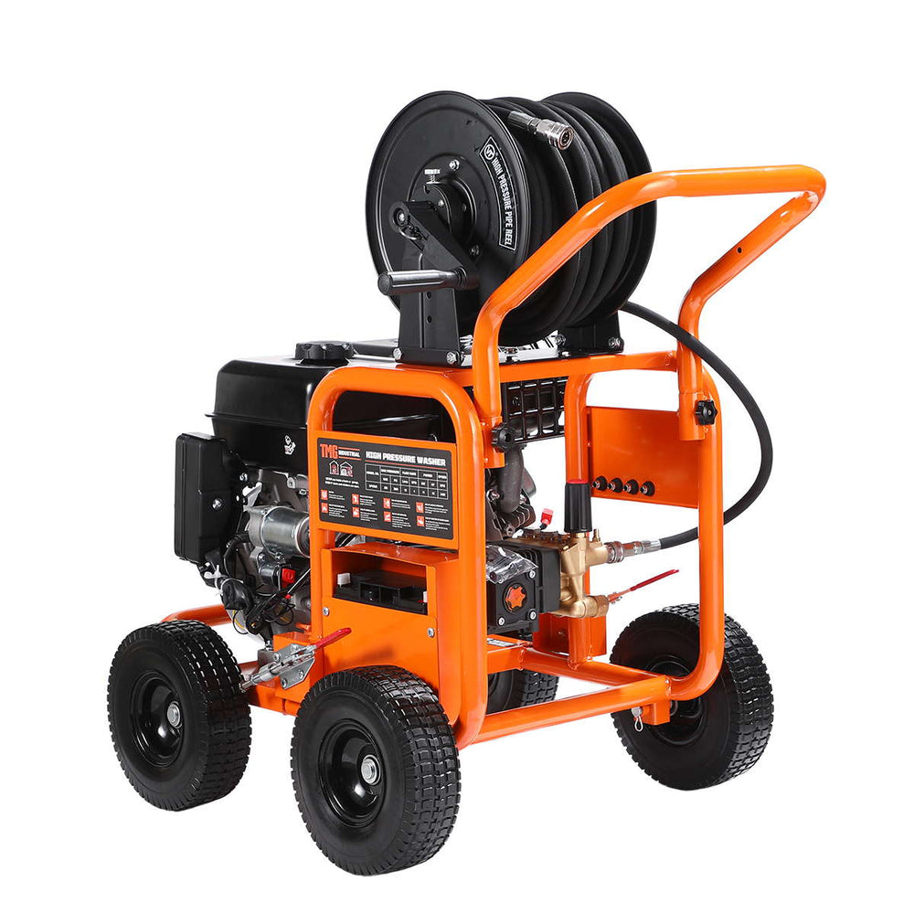 Rear three-quarter view highlighting frame, pump and engine of pressure washer