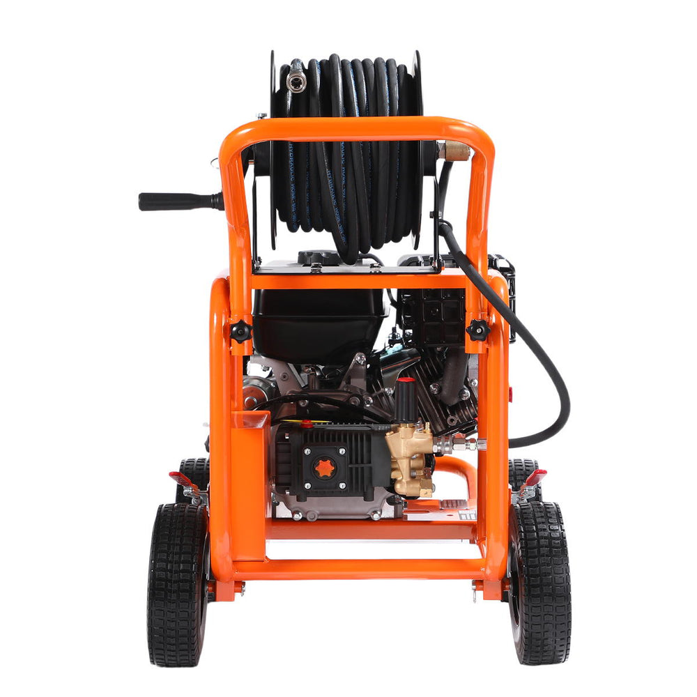 Front view centered on top-mounted hose reel and coiled hose of pressure washer
