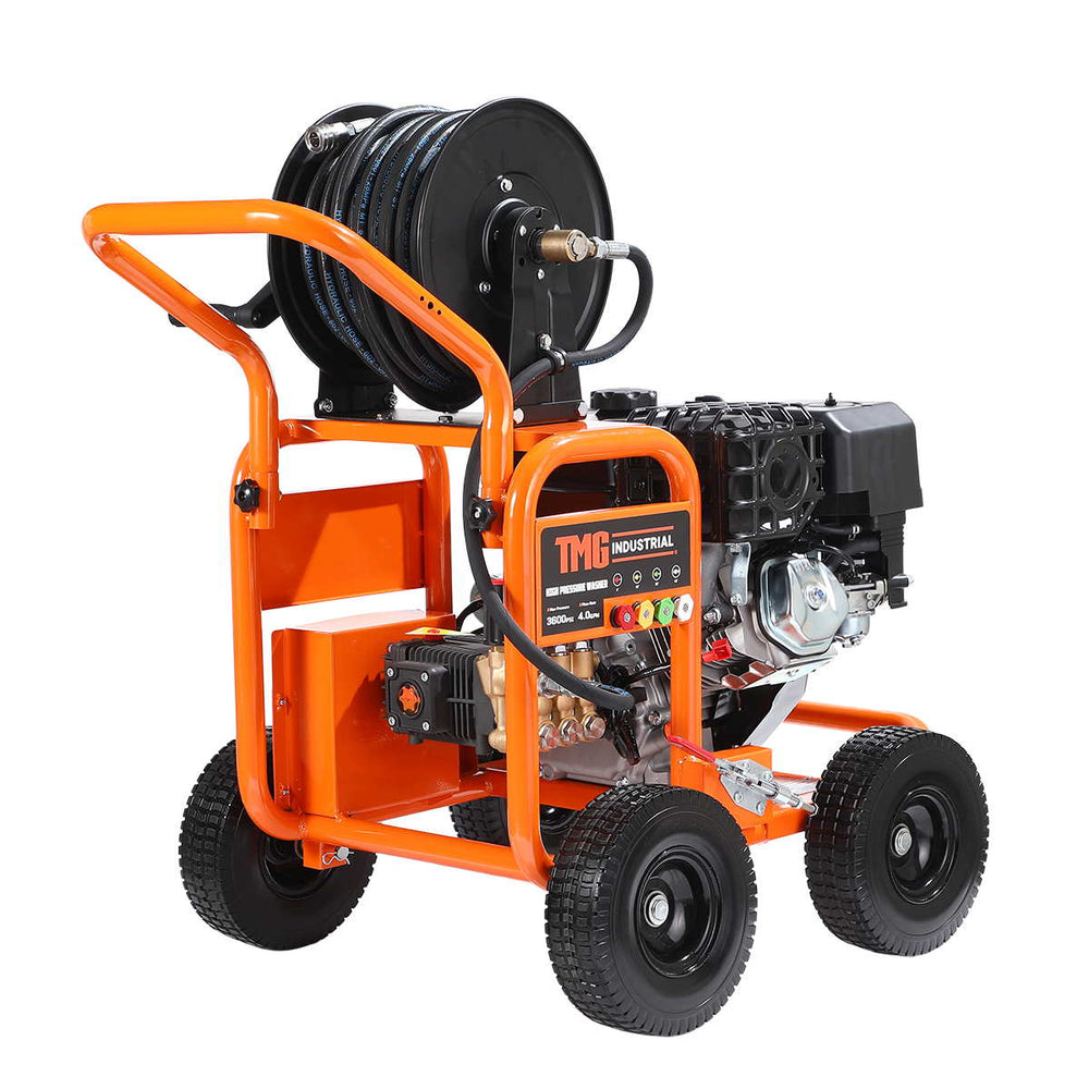 Straight rear view showing pump, engine and hose reel mounted on pressure washer