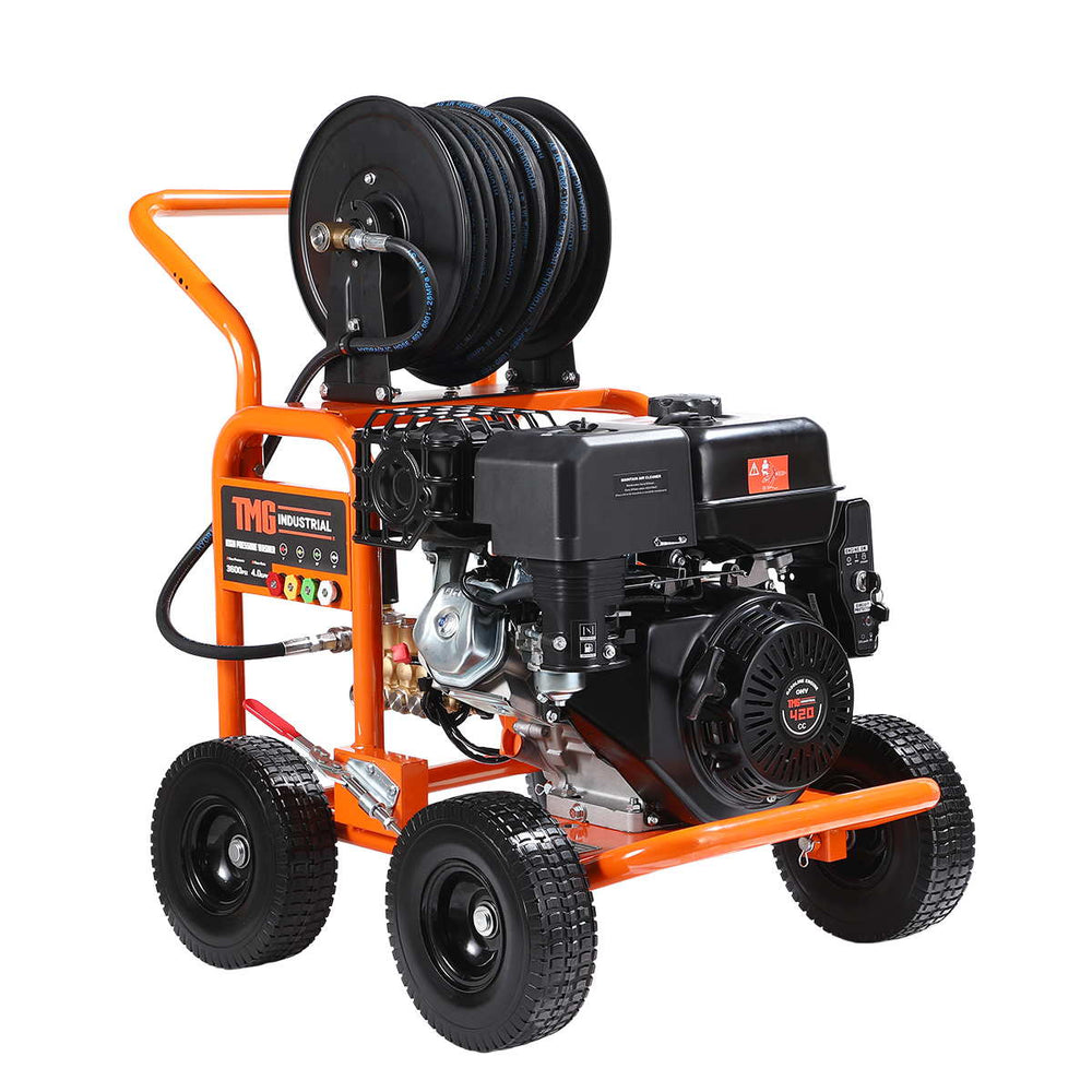 Rear-right angled view highlighting engine, pump and controls on pressure washer