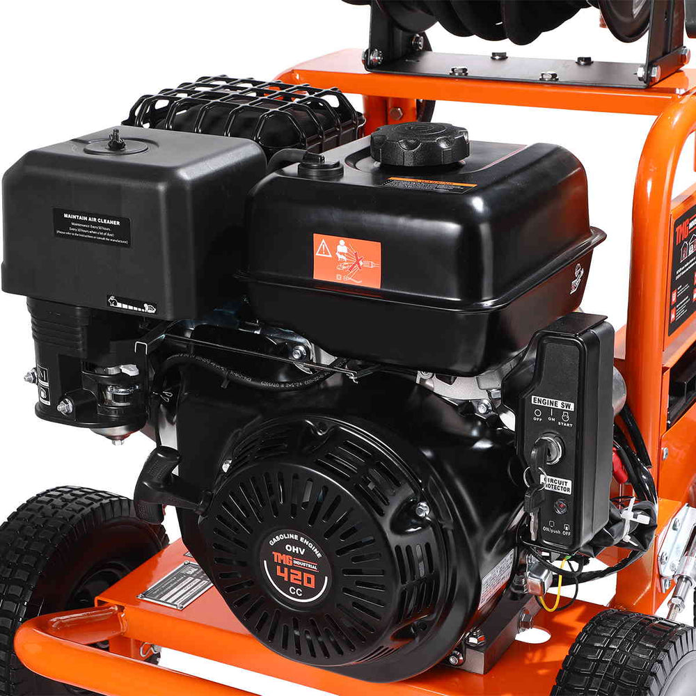 Close-up of engine fuel tank and recoil starter on pressure washer