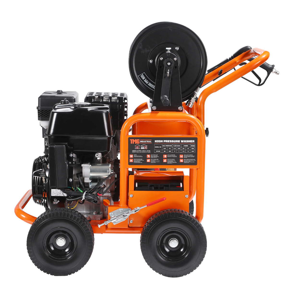 Side profile of TMG Industrial 4000 PSI Gas Pressure Washer showing hose reel and handle