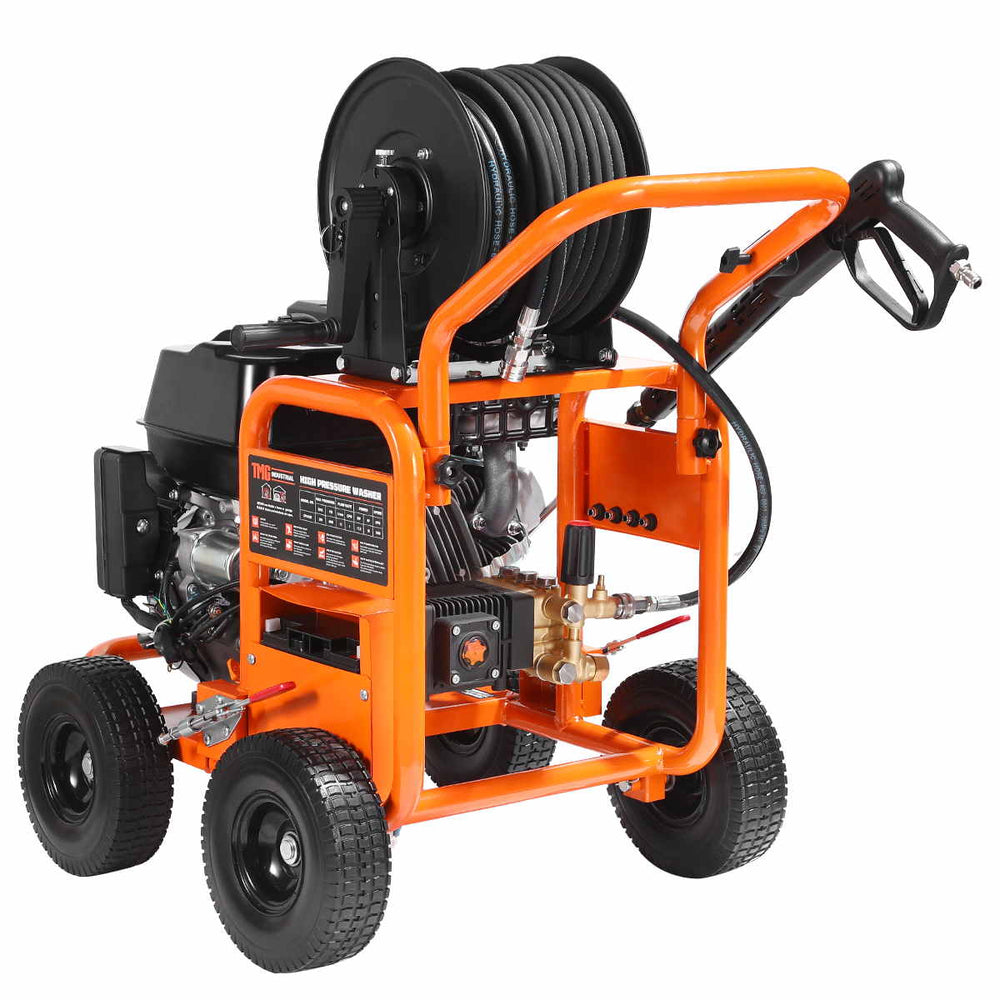 Angled rear view displaying controls, gun, hose reel on TMG Industrial 4000 PSI Gas Pressure Washer
