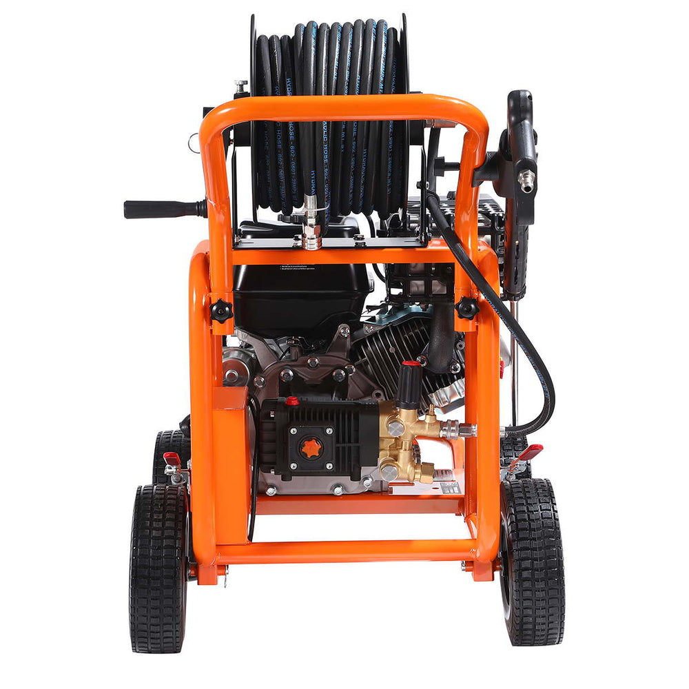 Rear straight view showing frame, pump, hose reel on TMG Industrial 4000 PSI Gas Pressure Washer