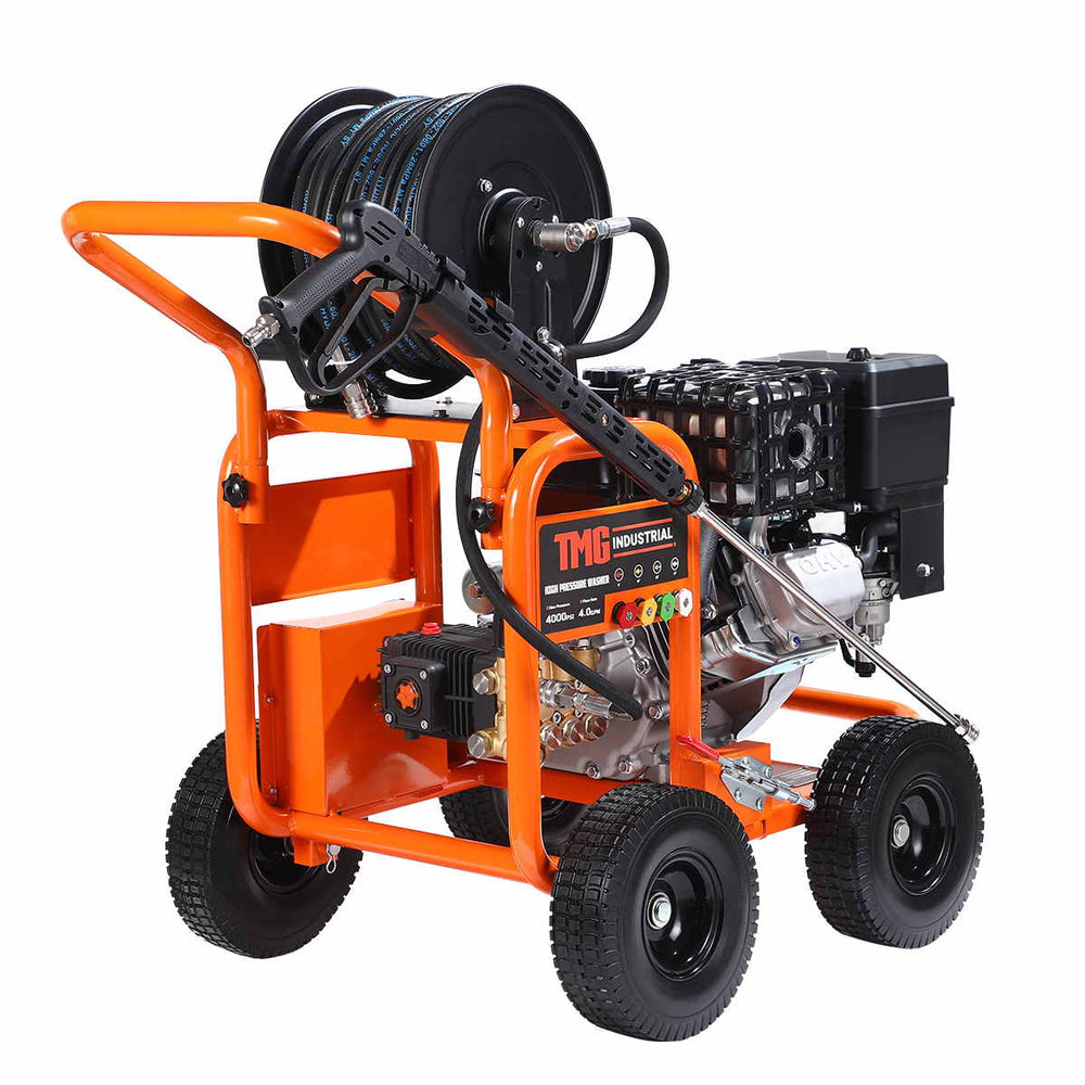 Rear three-quarter showing wand and hose reel on TMG Industrial 4000 PSI Gas Pressure Washer
