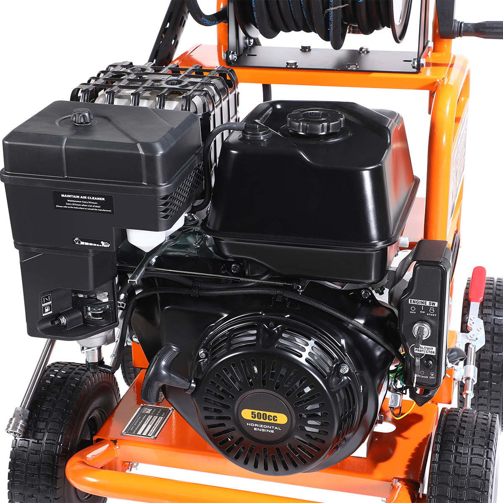 Close-up of engine and fuel tank of TMG Industrial 4000 PSI Gas Pressure Washer