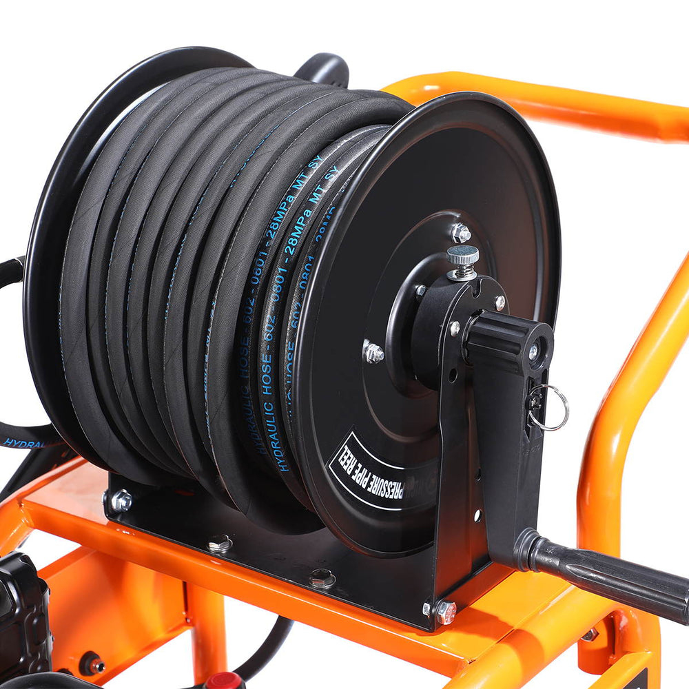 Hose reel spool with wrapped high-pressure hose on TMG Industrial 4000 PSI Gas Pressure Washer