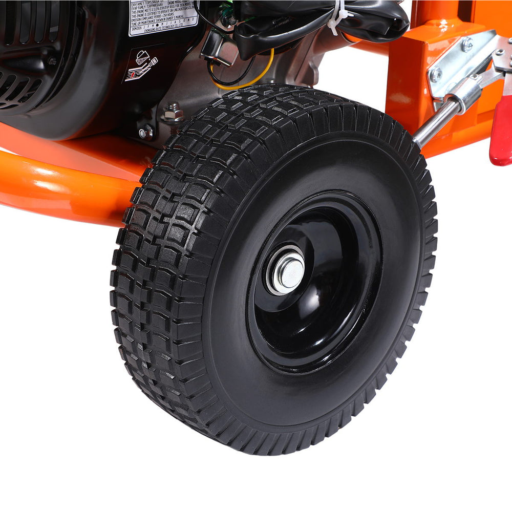Close-up of rugged black wheel and tire mounted on TMG Industrial 4000 PSI Gas Pressure Washer