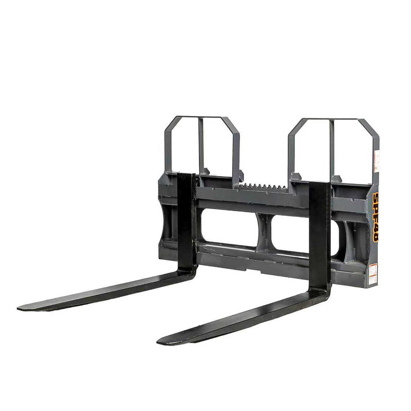 48" pallet fork for skid steer with heavy-duty Class II forks, 4,200 lbs capacity, and wide guard, TMG-SPF48