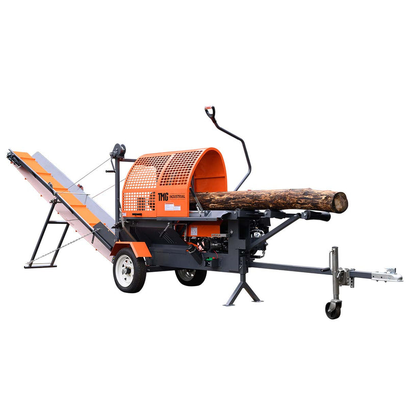 TMG-GLS16 firewood splitter processor with 15 HP engine, 20 ton splitting force and foldable conveyor
