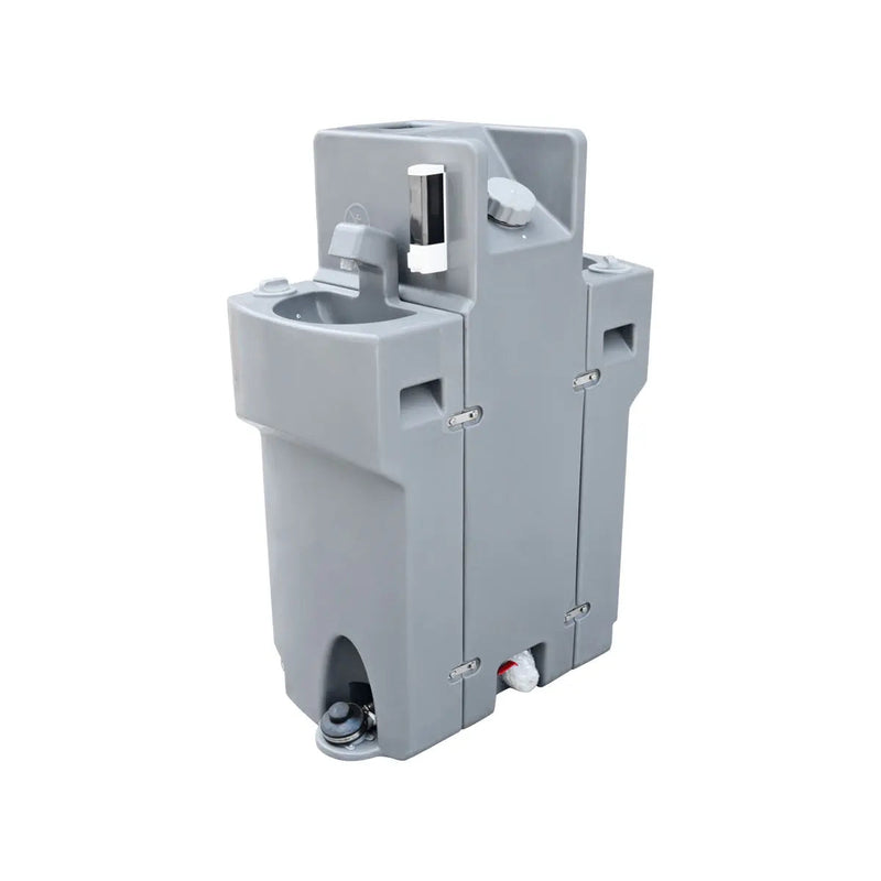 TMG-FMW20 Portable Handwash Station with dual 17 Gallon fresh water tanks and a 35 Gallon waste tank, designed for 2-person use in high-traffic environments, offering convenience, hygiene, and easy transport.