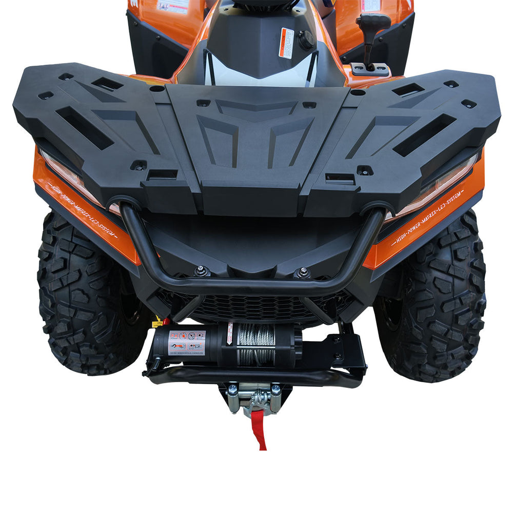 Front view highlighting front cargo rack and winch on ATV.