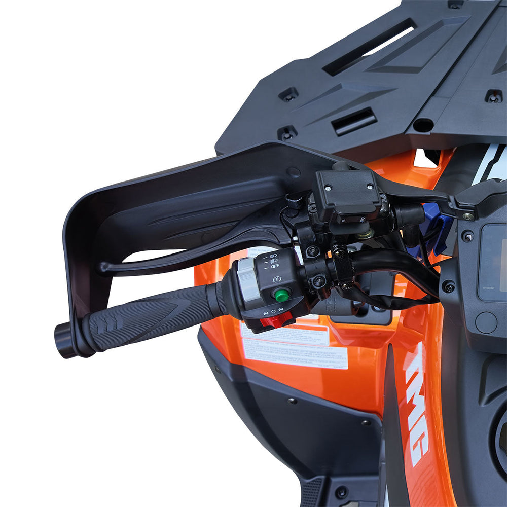 Left handlebar with handguard, throttle and switches on ATV.