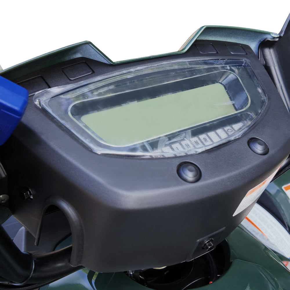 Close-up digital instrument cluster and dash on ATV.