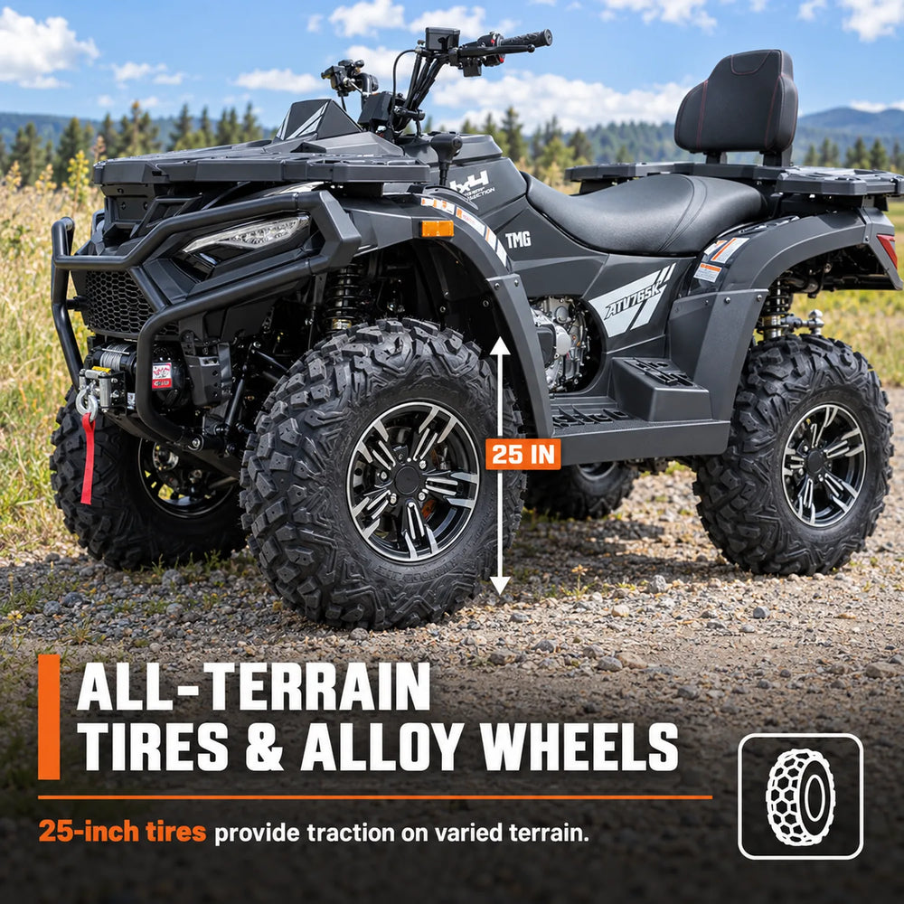 585cc ATV with On-Demand 4WD, EPS, CVTech Transmission, 2-Up Seating & Backrest, Locking Differentials, and Trailer Hitch TMG-ATV765