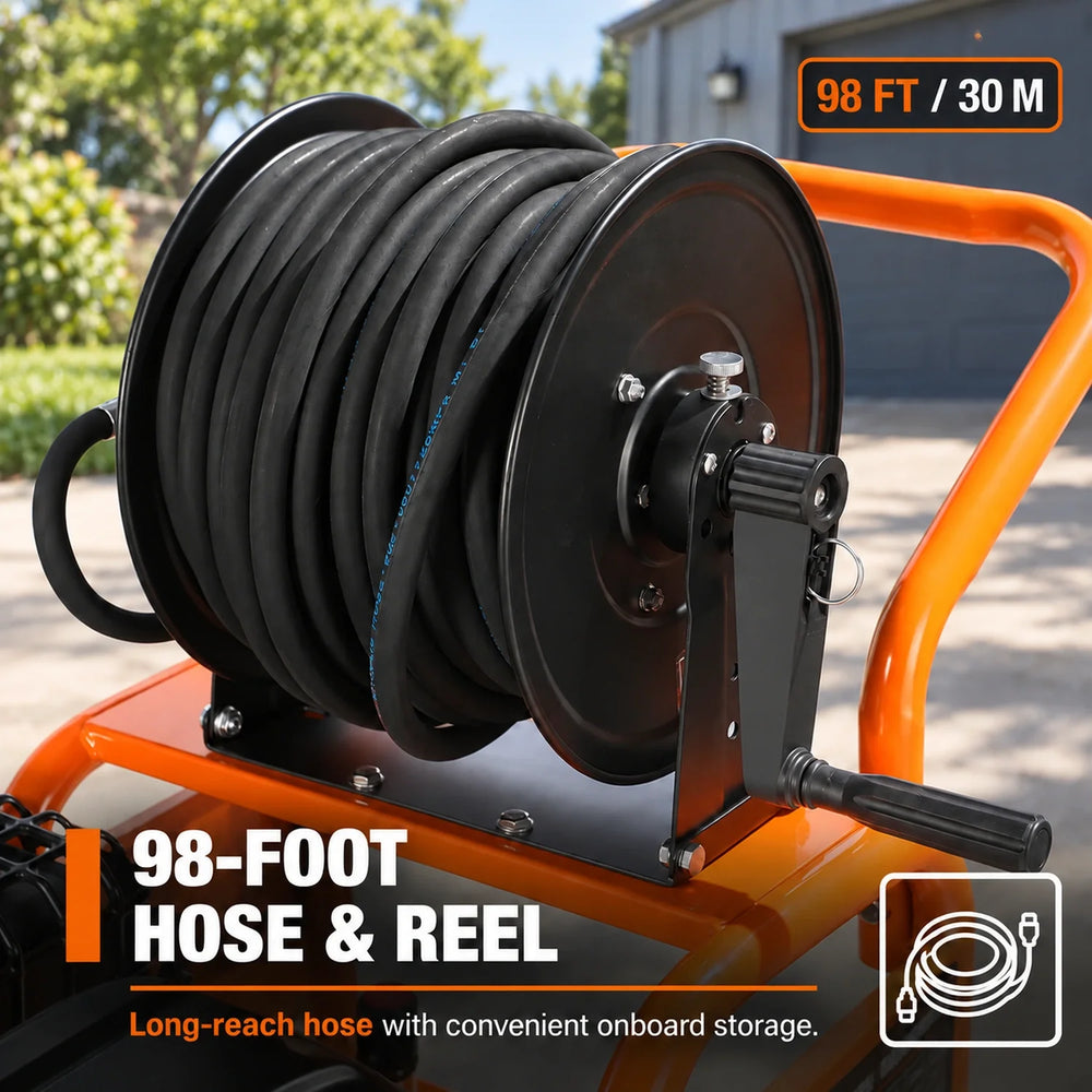 3600 PSI Gas Pressure Washer, 4 GPM, 420cc Gas Engine, Industrial Triplex Pump, 98' Hose Reel, TMG-GPW36R