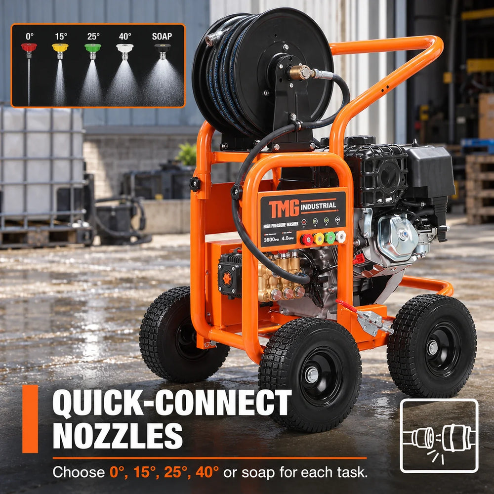 3600 PSI Gas Pressure Washer, 4 GPM, 420cc Gas Engine, Industrial Triplex Pump, 98' Hose Reel, TMG-GPW36R