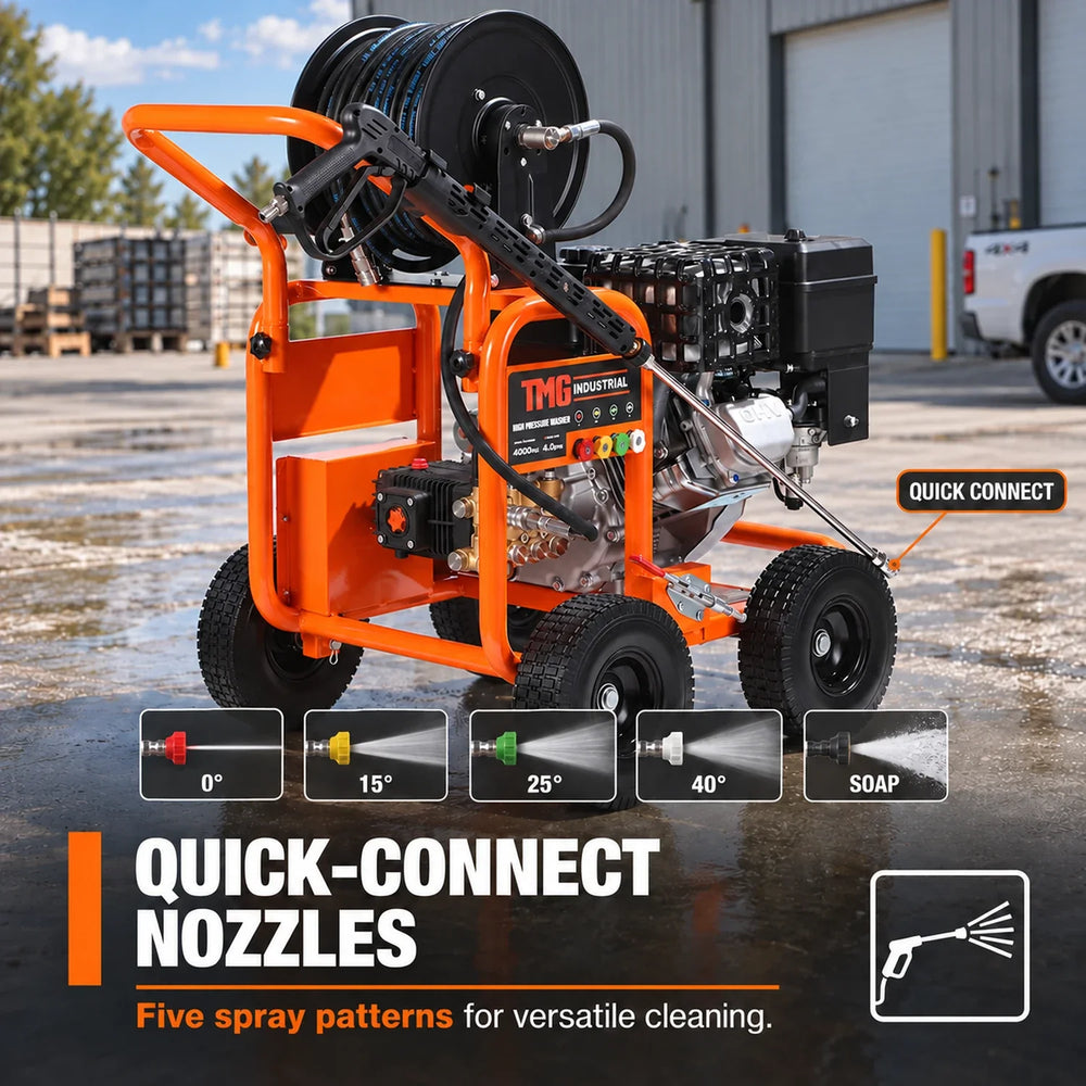 4000 PSI Gas Pressure Washer, 4 GPM, 500cc Gas Engine, Industrial Triplex Pump, 98' Hose Reel, TMG-GPW40R