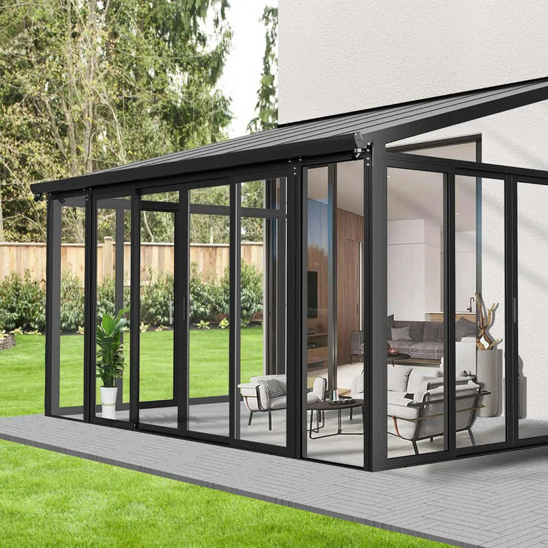 TMG Industrial 10’ x 14’ Winter Garden Lean-To Patio Cover, Twin-Wall PC Roof Sheets, Crystal-Clear PC Walls/Doors, TMG-LPC14