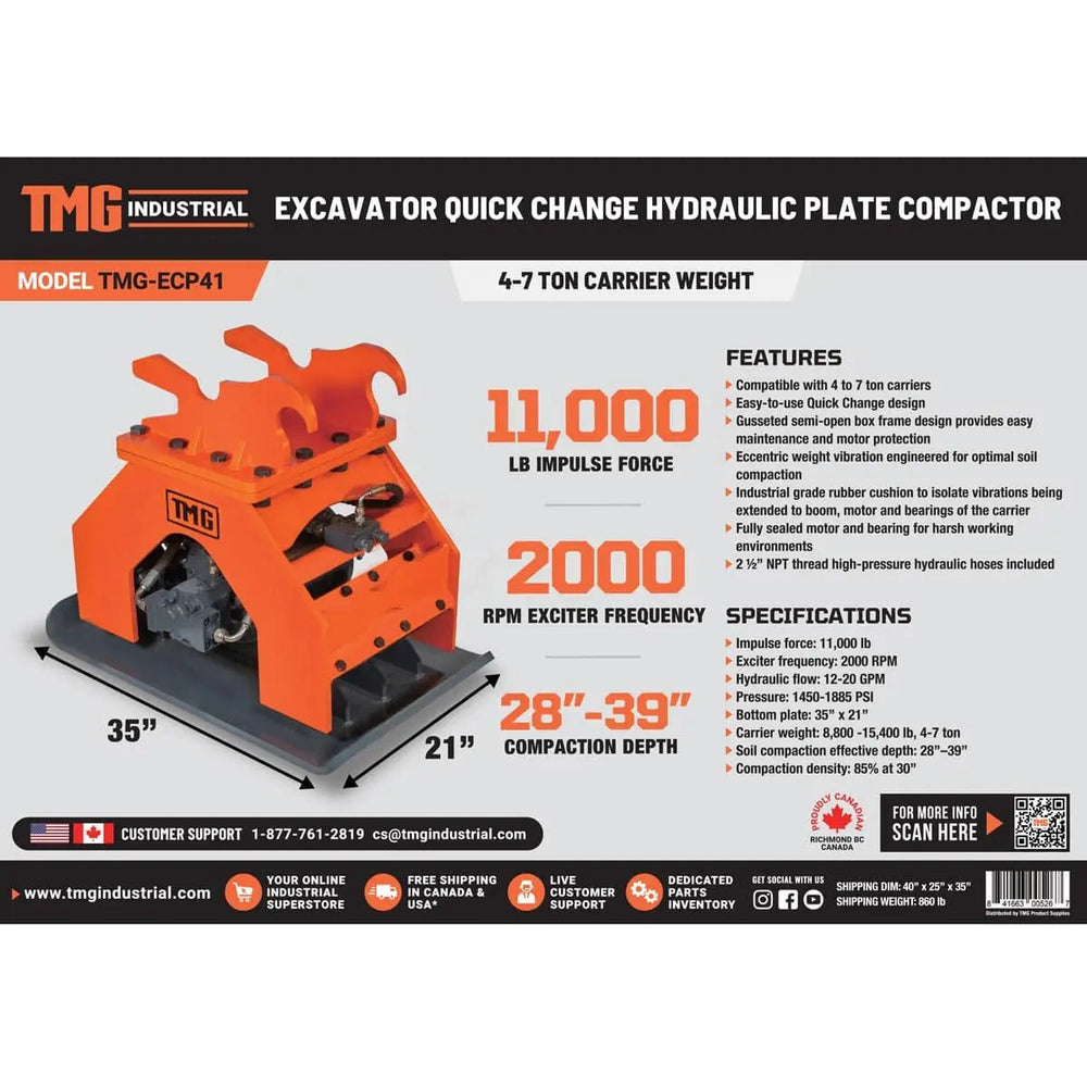Plaque vibrante hydraulique pour mini-excavatrices de 4 à 7 tonnes, force de 11 000 lb