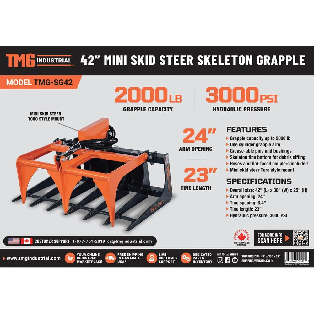 Grappin squelette de 42 po pour mini-chargeuse