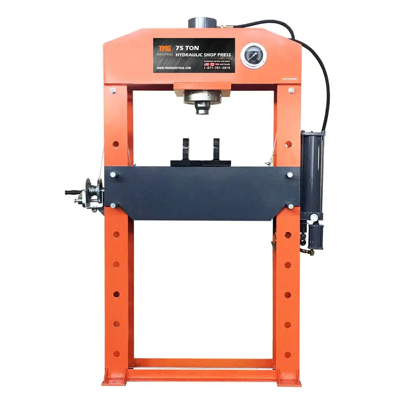 TMG Industrial 75 Ton Capacity Hydraulic Shop Press, Heavy Duty Pressing, Fully Welded H-Frame, Air & Manual Dual Operation, TMG-SP75