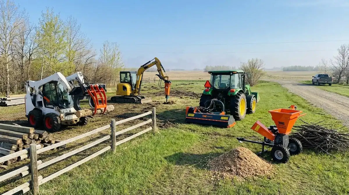Tractor flail mower, excavator and wood chipper at work in a field